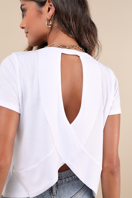 Boosted Basic White Ribbed Cutout Short Sleeve Top