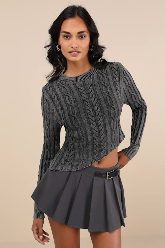 Edgy Forecast Charcoal Grey Cable Knit Asymmetrical Sweater