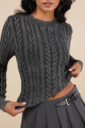 Edgy Forecast Charcoal Grey Cable Knit Asymmetrical Sweater