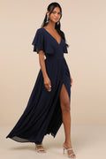 Convincing Grace Navy Blue Flutter Sleeve Wrap Maxi Dress
