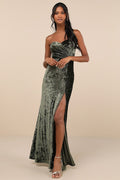 Classy Sensation Olive Velvet Pleated Strapless Maxi Dress