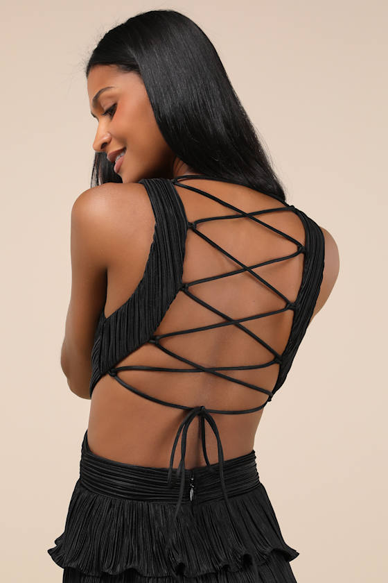 Beauty Icon Black Satin Pleated Tiered Lace-Up Maxi Dress