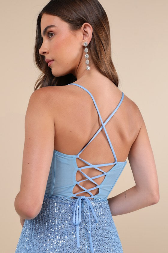 Bold Aesthetic Blue Sequin Lace-Up Bodycon Mini Dress