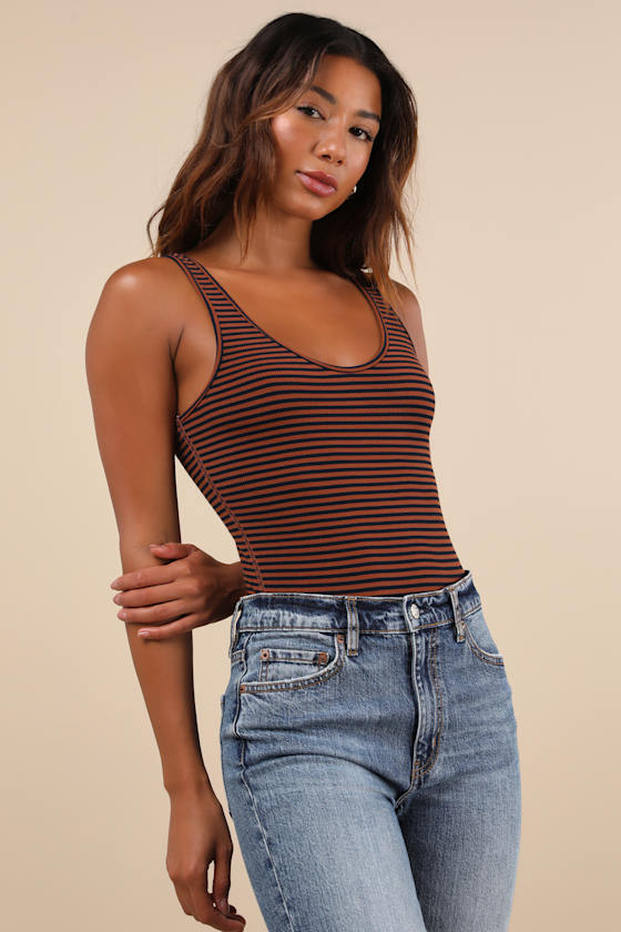Keep It Classic Brown and Navy Striped V-Neck Bodysuit