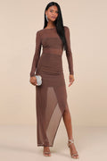 Alluring Silhouette Dark Brown Sheer Mesh Backless Maxi Dress