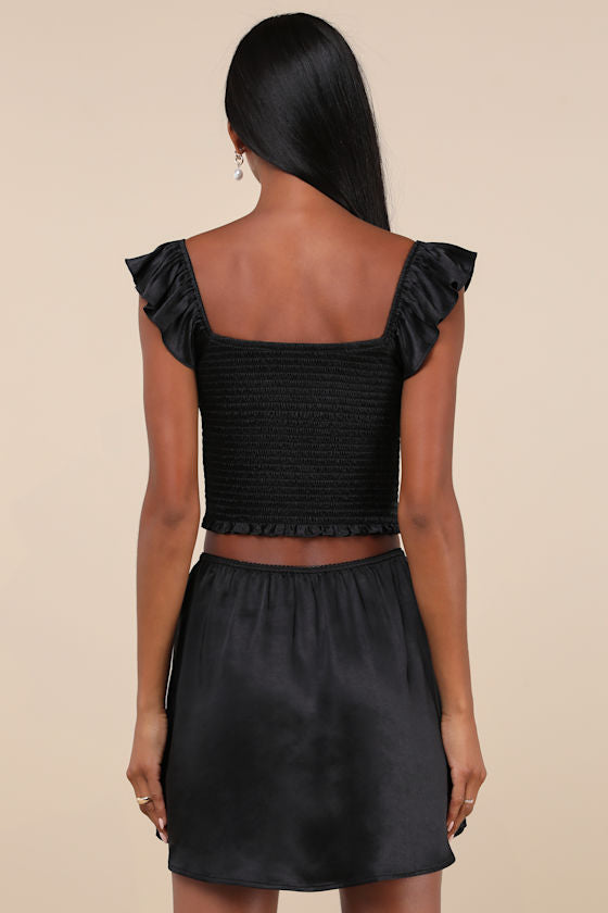 Delicate Aesthetic Black Satin Bow Mini Skirt