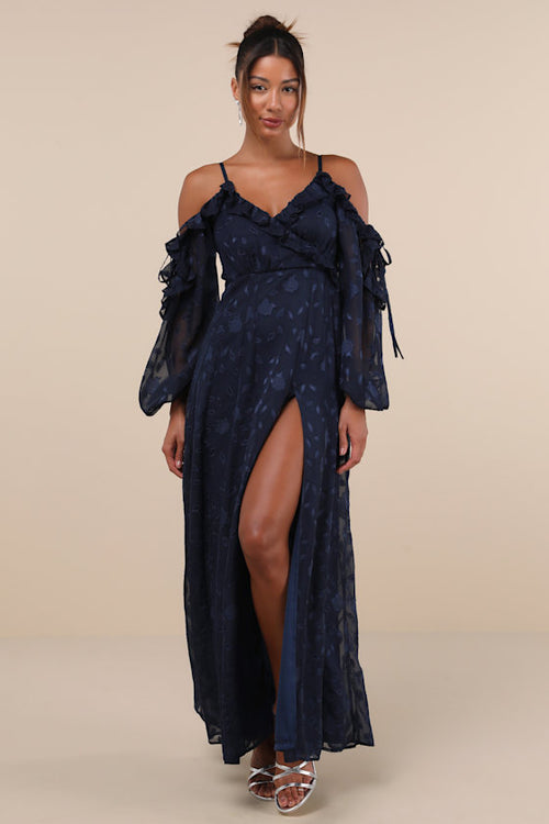 Pleasant Aura Navy Blue Floral Burnout Cold-Shoulder Maxi Dress