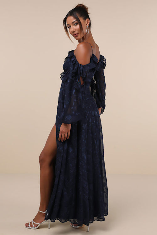 Pleasant Aura Navy Blue Floral Burnout Cold-Shoulder Maxi Dress