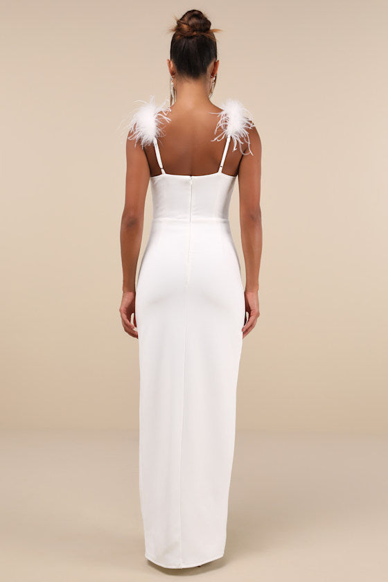 Dramatic Promise White Feather Strap Ruched Column Maxi Dress