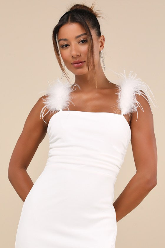 Dramatic Promise White Feather Strap Ruched Column Maxi Dress