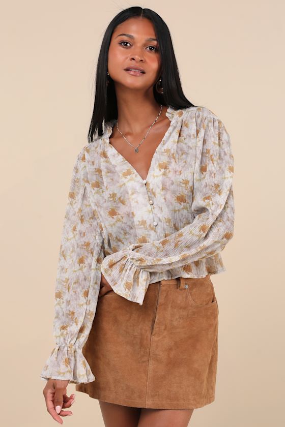 Keep Things Classy Taupe Abstract Button-Up Long Sleeve Top