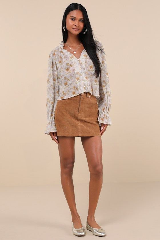 Keep Things Classy Taupe Abstract Button-Up Long Sleeve Top
