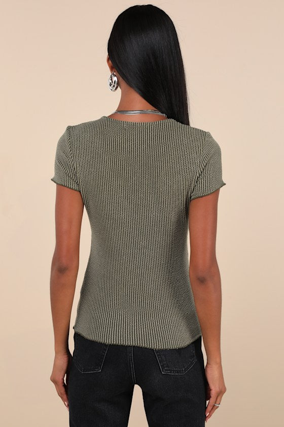 Stylish Appeal Olive Green Textured Short Sleeve Top