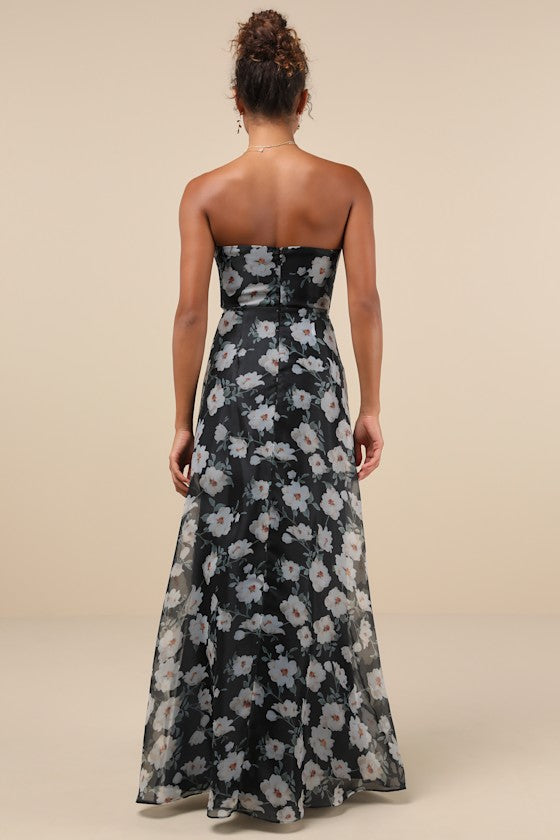 Chic Preciousness Black Floral Organza Bustier Maxi Dress