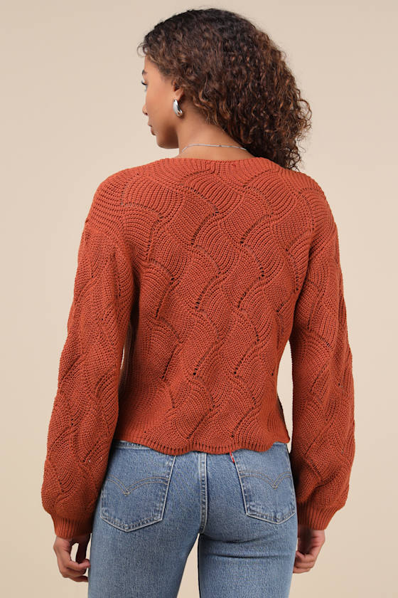 Cute Lifestyle Rust Orange Pointelle Knit V-Neck Sweater Top
