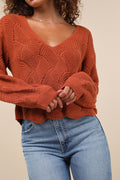 Cute Lifestyle Rust Orange Pointelle Knit V-Neck Sweater Top