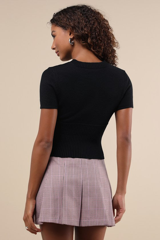 Everyone's a Winter Black Short Sleeve Seamed Sweater Top