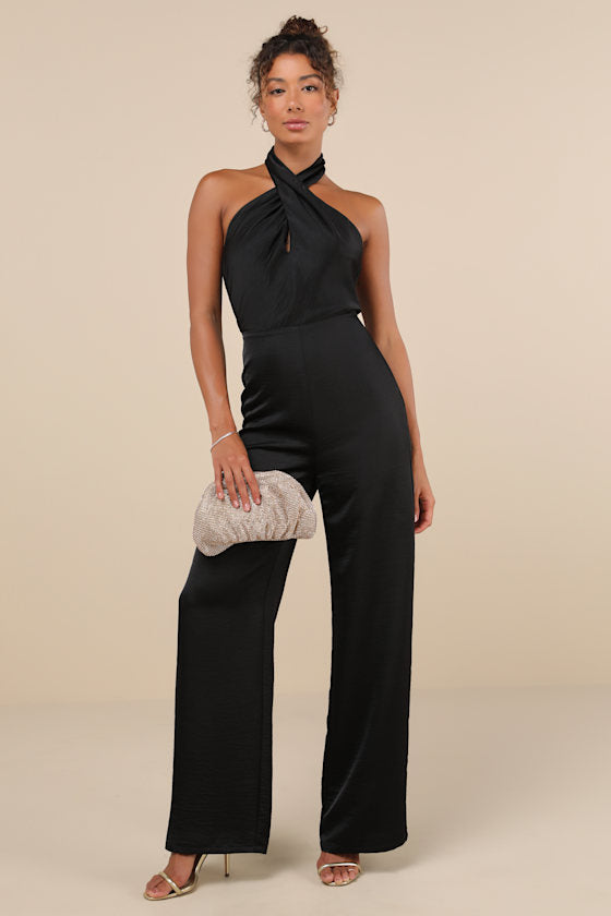 Beyond Classy Black Satin Halter Wide-Leg Jumpsuit