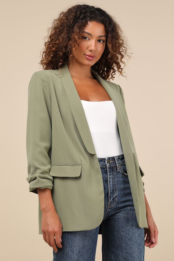 Superior Aesthetic Olive Three-Quarter Sleeve Ruched Blazer