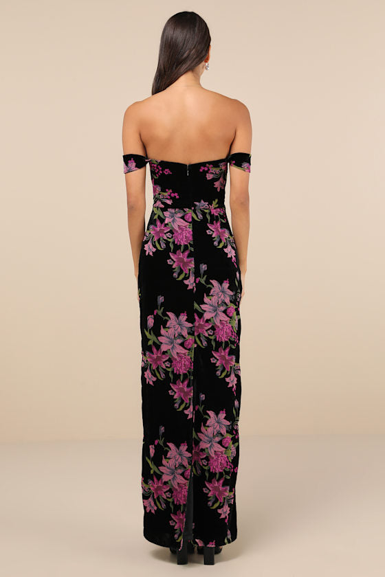 Enchanting You Black Burnout Velvet Off-the-Shoulder Maxi Dress