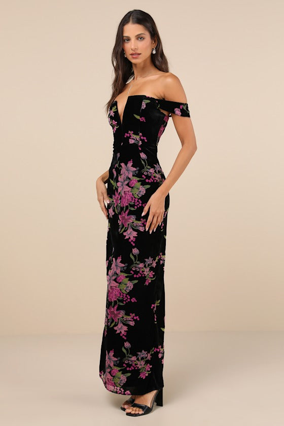 Enchanting You Black Burnout Velvet Off-the-Shoulder Maxi Dress