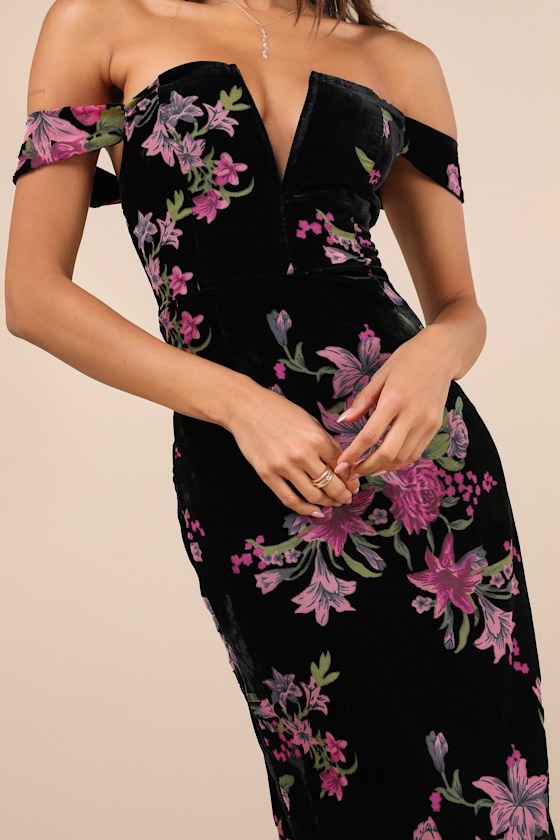 Enchanting You Black Burnout Velvet Off-the-Shoulder Maxi Dress
