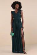 Gorgeous Goal Emerald Pleated Backless Surplice Maxi Dress