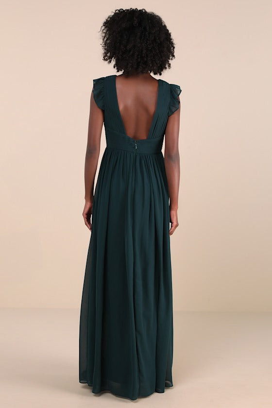 Gorgeous Goal Emerald Pleated Backless Surplice Maxi Dress