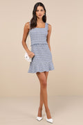 Adorably Luxurious Blue Tweed Raw Edge Sleeveless Mini Dress