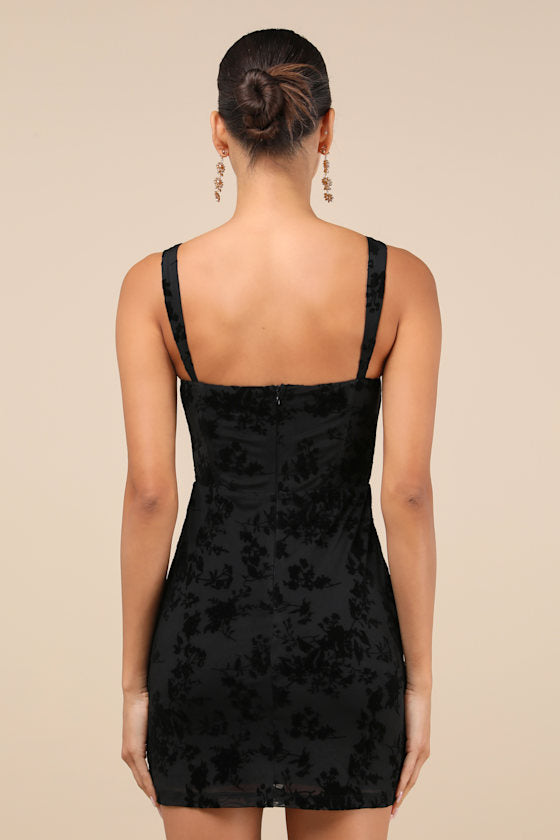 Stunning Status Black Mesh Velvet Burnout Bustier Mini Dress