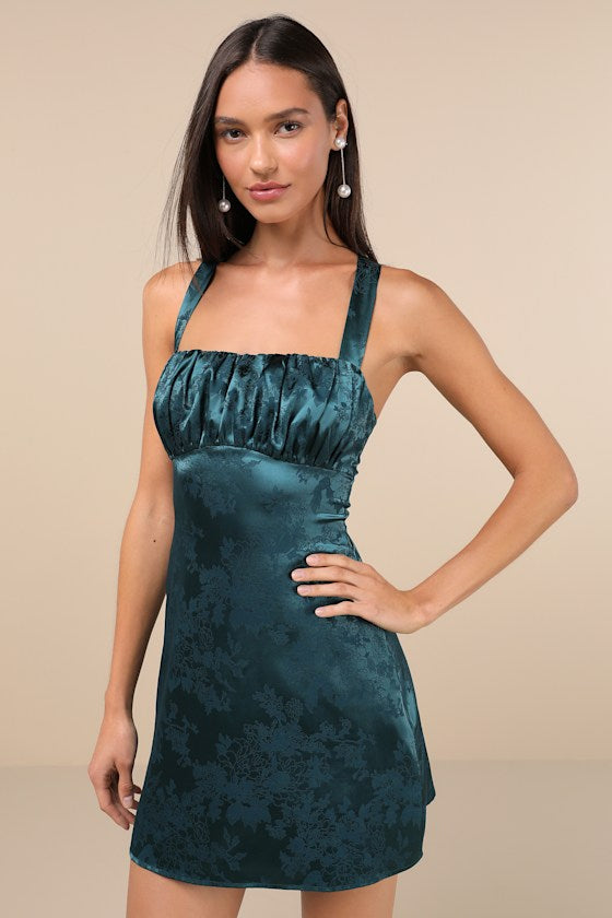 Exquisite Outlook Teal Floral Jacquard Satin Lace-Up Mini Dress