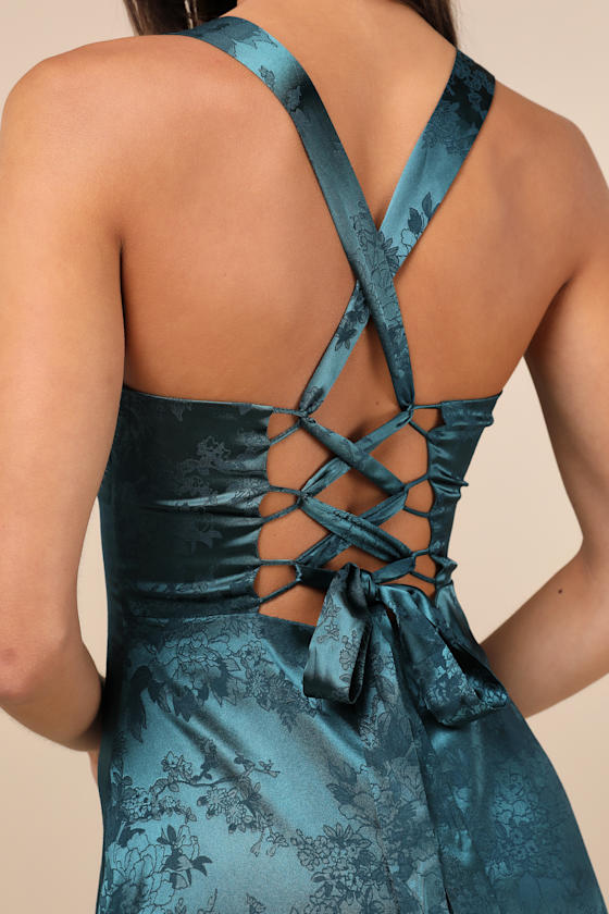 Exquisite Outlook Teal Floral Jacquard Satin Lace-Up Mini Dress