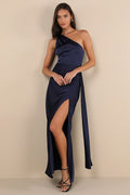 Signature Elegance Navy Satin One-Shoulder Maxi Dress