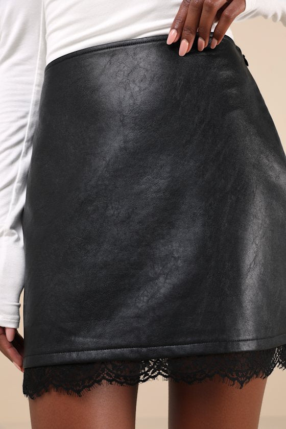 Sweetest Edge Black Vegan Leather Lace High-Rise Mini Skirt