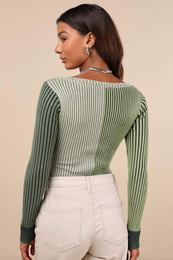 Mod Cutie Green Color Block Ribbed Long Sleeve Bodysuit
