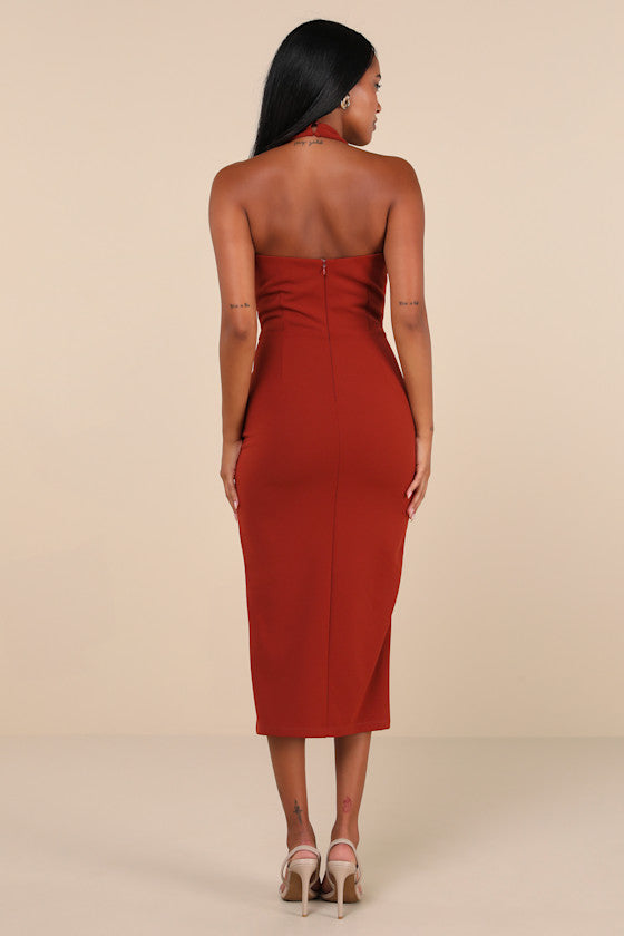 Prominent Charm Rust Brown Halter Bodycon Tulip Midi Dress