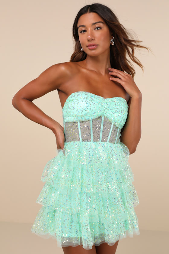 Illustrious Glow Mint Green Sheer Tulle Sequin Tiered Mini Dress