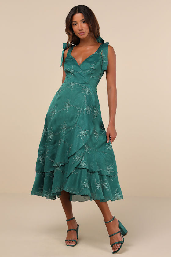 Elegant Direction Green Embroidered Ruffled Tie-Strap Midi Dress