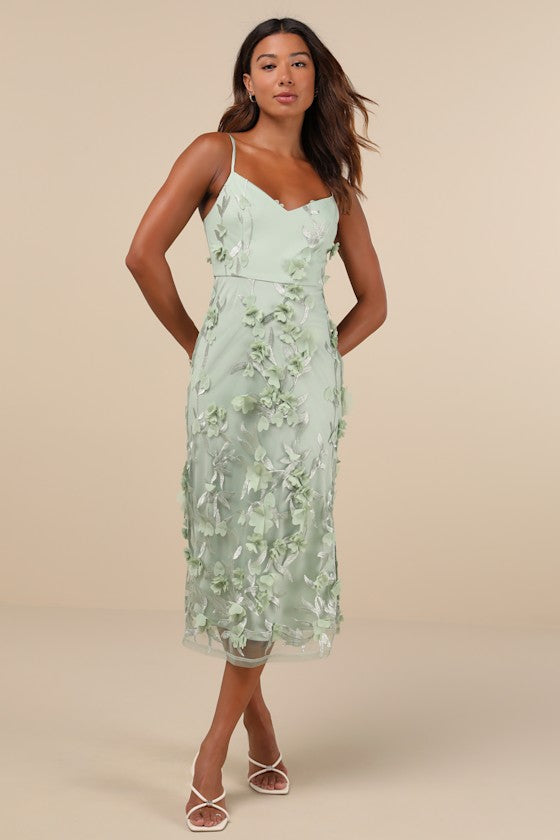 Limitless Adoration Sage Green 3D Floral Embroidered Midi Dress