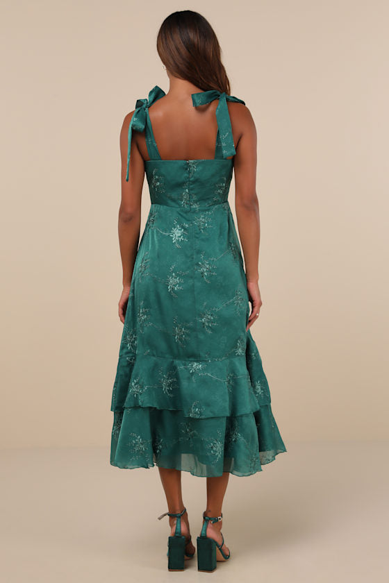 Elegant Direction Green Embroidered Ruffled Tie-Strap Midi Dress