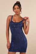 Ever So Flirty Navy Blue Mesh Floral Cowl Bodycon Mini Dress