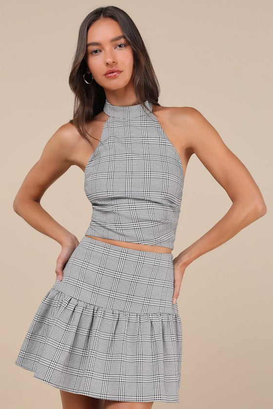 Trendy Momentum Black and White Plaid Backless Halter Top