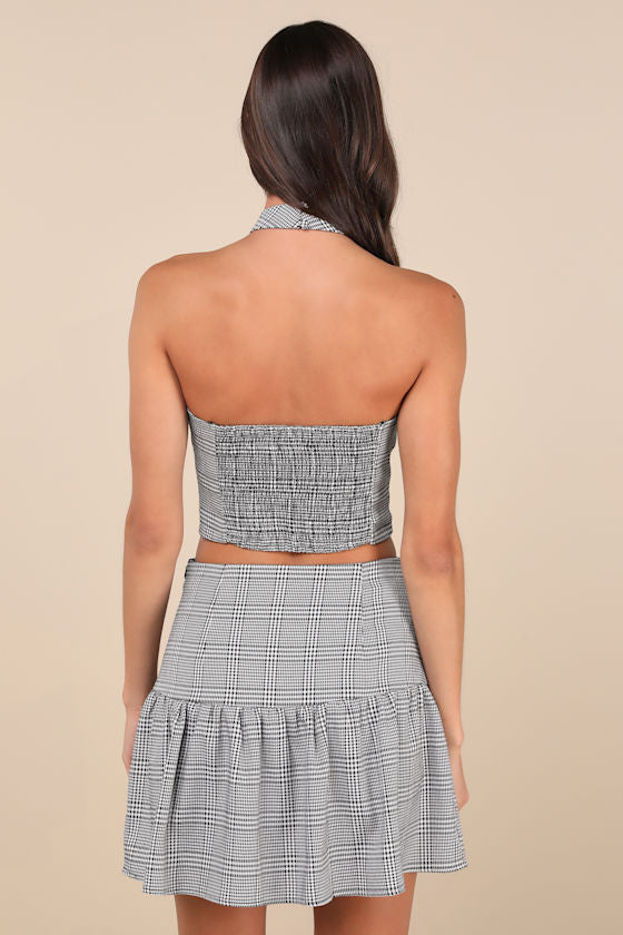 Trendy Momentum Black and White Plaid Backless Halter Top
