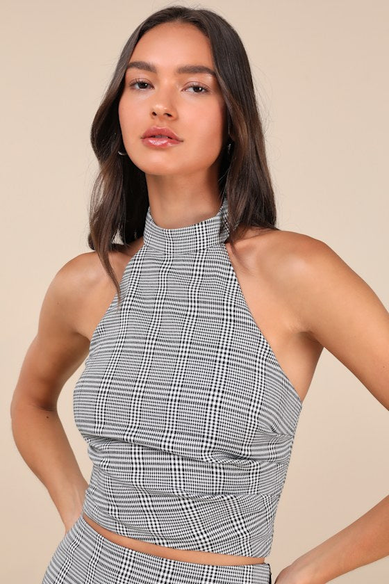 Trendy Momentum Black and White Plaid Backless Halter Top