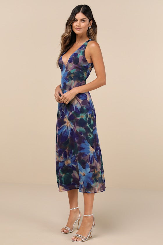 Delight in Elegance Navy Blue Multi Floral Halter Midi Dress