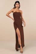 Epitome of Allure Brown Mesh Strapless Ruched Maxi Dress