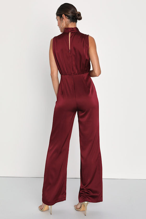 Classic Elegance Wine Red Satin Sleeveless Mock Neck Jumpsuit