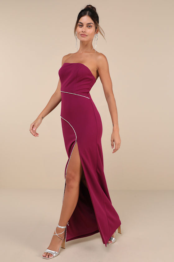 Elevated Sparkle Magenta Rhinestone Strapless Maxi Dress