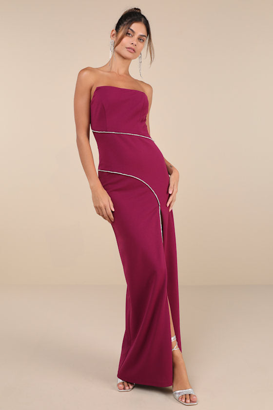 Elevated Sparkle Magenta Rhinestone Strapless Maxi Dress