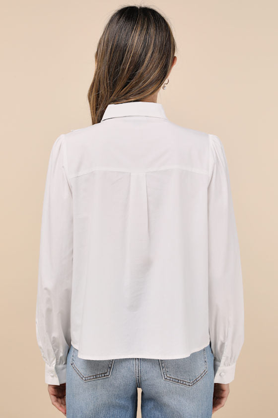 Outstanding Charisma White Crochet Lace Tie-Neck Button-Up Top